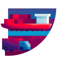un camion de livraison, des conteneurs sur un bateau dans un port