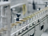 Ligne de production industrielle montrant une rangée de boîtes métalliques sur un convoyeur dans une usine alimentaire.