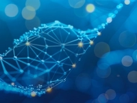 Illustration stylisée d’une structure en forme d’ADN composée de points et de lignes interconnectés, sur un fond bleu avec des effets lumineux et des bokeh circulaires.